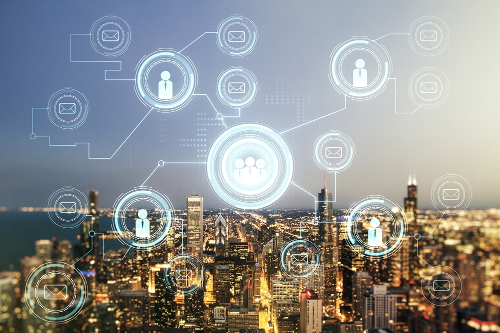 Abstract,Virtual,Social,Network,Concept,On,Chicago,Skyline,Background.,Multiexposure