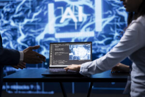 Computer scientist running AI cognitive computing tech on laptop to simulate computerized model. Close up of notebook used by IT specialist in workspace to do data mining with self learning algorithms