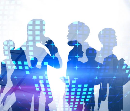 Silhouettes,Of,Diverse,Business,People,Over,Skyscraper,Background,With,Double