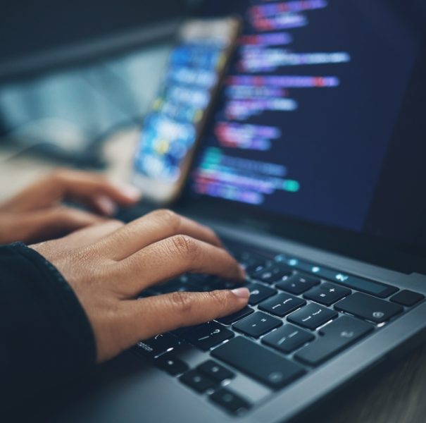 Hands,,Coding,And,Laptop,Typing,With,Cybersecurity,,Hacker,And,Software